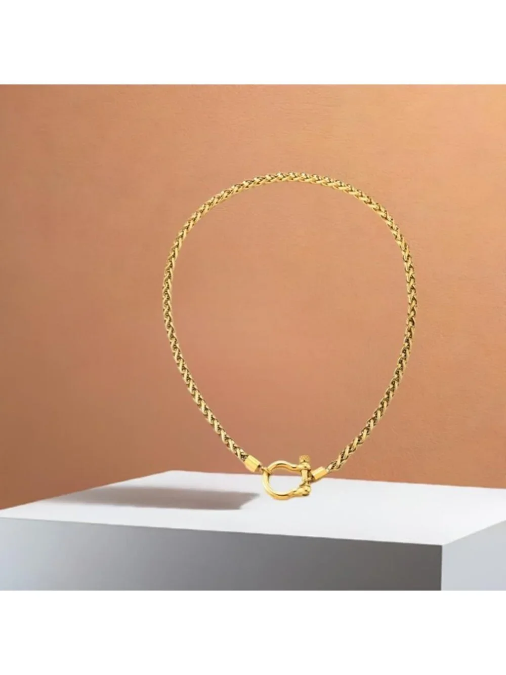 Stylish Stainless Steel Wheat Chain Necklace with Horseshoe Clasp & Anchor